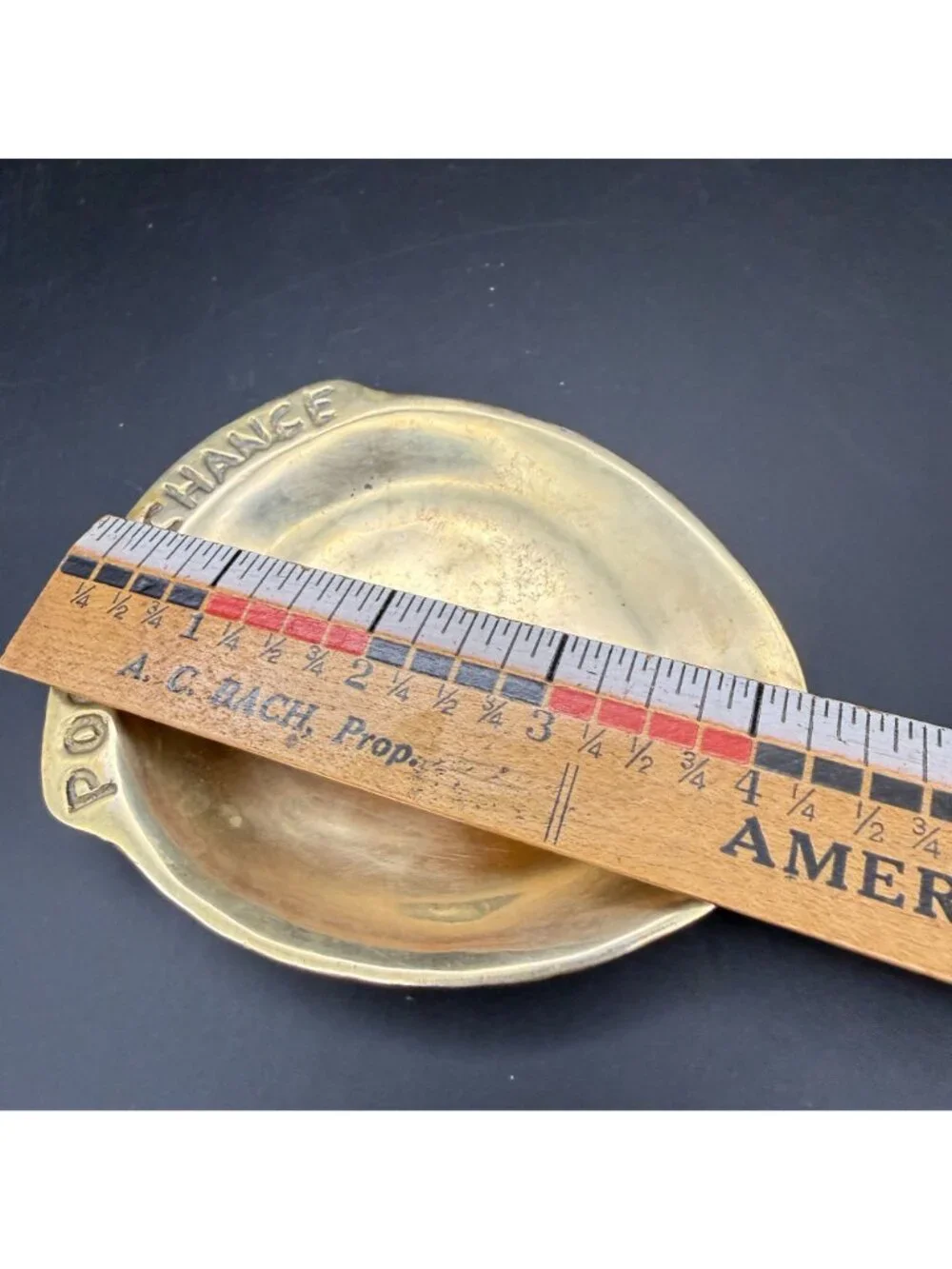 Vtg MCM Solid Brass Pocket Change CHANCE Dish Tray Valet Catchall Rare Misprint